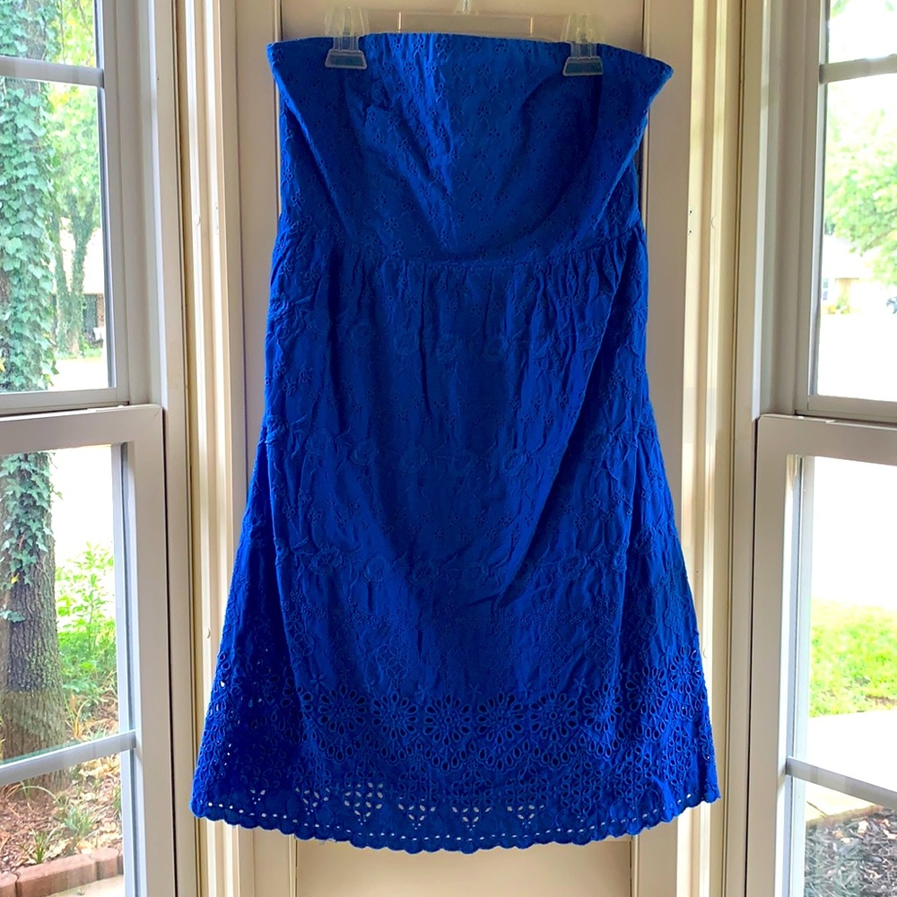 Blue, strapless sundress with embroidered detail